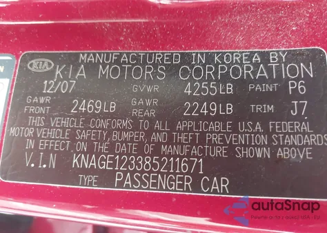 2008 Kia Optima Lx from USA, damaged, VIN KNAGE123385211671